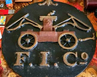 Vintage F. I. Co. Fire Insurance Company Cast Iron Fire Truck Plaque