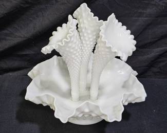 VTG Fenton Milk Glass Hobnail 3 Horn Epergne