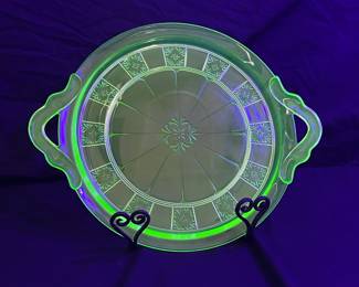 Jeanette Doric Uranium Glass Dbl handle Cake Plate