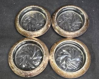 4 Amston Sterling Silver Trim Glass Coasters