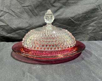 VTG Indiana Glass Diamond Point Ruby Butter Dish