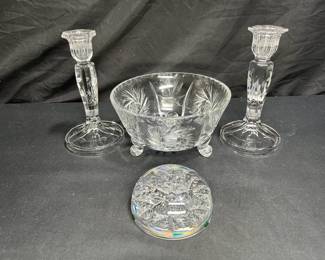 Vtg Etched Glass Candlesticks, Bowl & Paperweight