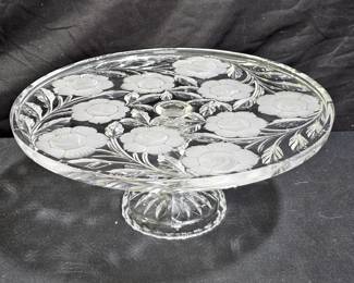 VTG Lead Crystal Pedestal Etched Floral Cake Plate