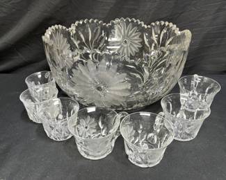 Large Floral Etched Crystal Punch Bowl & 7 Cups