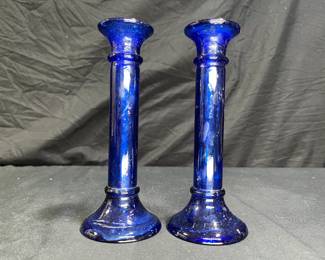 2 VTG Hand Blown Cobalt Blue Glass Candlesticks