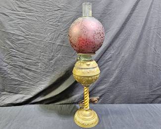 Antique Etched Cranberry & Brass Parlor Lamp