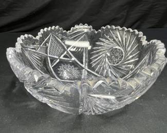 Vtg. Pinwheel Hobstar Saw Tooth Rim Crystal Bowl