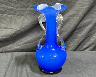 Hand Blown Cased Cobalt Double Handle Vase
