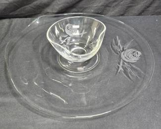 Clear Glass with Etched Rosed Chip & Dip Set
