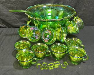 VTG Indiana Green Carnival Glass Punch Bowl