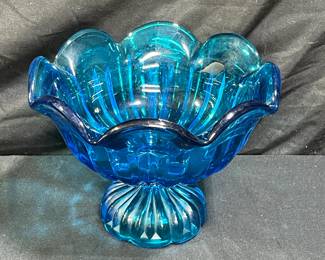 Mid-Century Blue Scalloped Edge Footed Compote