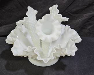VTG Fenton Milk Glass Hobnail 3 Horn Epergne