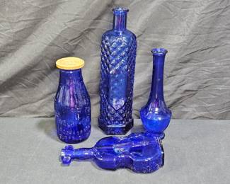 4 Vintage Cobalt Blue Glass Bottles