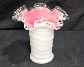 VTG Fenton Pink & White Silvercrest Ruffle Vase