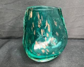 Blue Green with Gold Flakes Thick Wall Vase