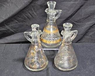 3 VTG Hazel Atlas Gold Foil Cruets with Stoppers