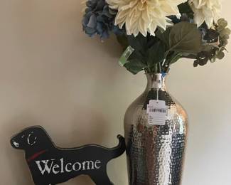 Floral Arrangement in Metal Vase, Dog Welcome Figurine