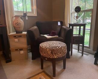 Zebra Print Stool, Threshold Large Milk Crate, Pottery Barn Lounge Chair, Kovacs Metal Floor Lamp