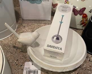 Pottery Barn Trinket Bowl, DavidsTea Scoop n Slide Infuser, Mackenzie Childs Butterfly Teapot