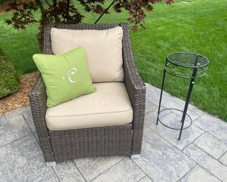 Various outdoor planters, Decorative pillows, Frontgate Chair A

