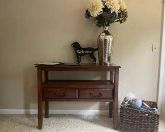 Pier 1 Wooden Console Table, Dog Welcome Figurine, Floral Arrangement in Metal Vase, Basket