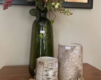 Vase with Floral Arrangement, Birch wrapped candles
