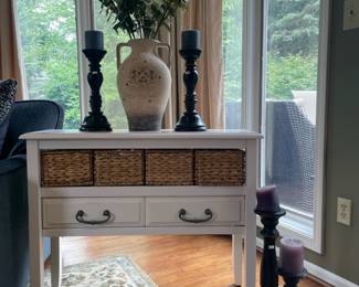 As-is console table with baskets, Candlesticks