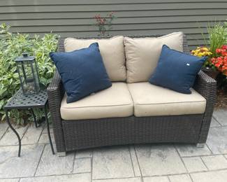 Frontgate loveseat, Lanterns, Decorative pillows, Outdoor Tables