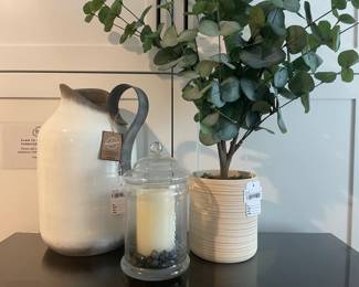 Terracotta Pitcher Vase, Threshold Faux Eucalyptus Plant, Glass lidded candle holder with rocks
