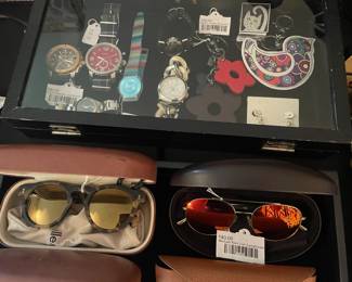 Michael Kors Lon sunglasses, Fossil Skeleton Dial Watch Coach Flower Keychain,  Illesteva "Leonard" Tan Mirrored Sunglasses
