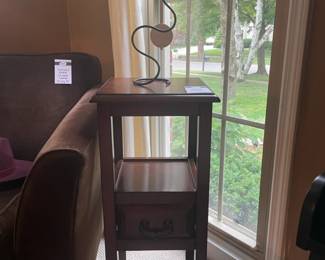Wood Side Table, Kathy Taylor Signed Clock
