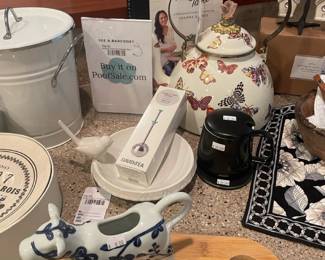 Cow Creamer, Mackenzie Childs Butterfly Teapot, Pottery Barn Trinket Bowl, DavidsTea Scoop n Slide Infuser