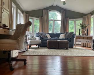 As-is console table with baskets, Candlesticks,Pottery Barn Ottomans, Ethan Allen Couch, Pier 1 & Pottery Barn Throw Pillows, Pier 1 lounge chair, Metal Eiffel Tower, Paris Chests, Voluspa Candles, Wall Sconces, Wood Lantern, Joe Kovecses wood Ikebana vase
