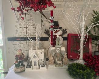 Bethany Lowe Christmas houses, Metal Christmas tree, Wreaths