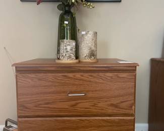 2 Drawer Cabinet, Vase with Floral Arrangement, Birch wrapped candles