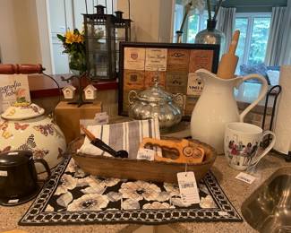 Pottery Barn Salt & Pepper Set, Kirkland Bark Trim Bowl, Mackenzie Childs Butterfly Teapot, Henri Bendel Mug,  Wusthof Knife Sharpener, Rolling Pin Target, Home Pitcher, Pottery Barn Salt & Pepper Set, Vera Bradley Placemat

