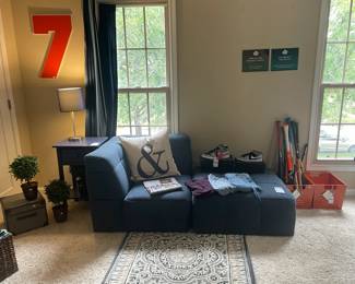 Pottery Barn Teen Locker Bin, Louisville Slugger baseball bat, Pottery Barn Teen Lounge Chair with Ottoman,	Number 7 cork board, Decor storage box, 	Faux potted Pier 1 plants, Pottery Barn throw pillow, Company C Argyle 3' x 5' rug, Table Lamp