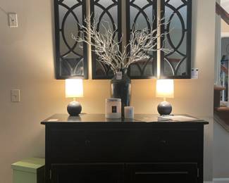 Panel Wall Mirrors, Desk Lamps,  Candles, Potted faux branches