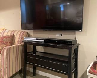 Sony TV, Toshiba DVD Player, Sony Blu-Ray DVD Player, Console table, Striped accent chair