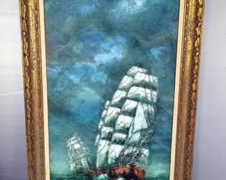 Clipper Ship Seascape Painting On Stretched Canvas, Carved Frame, Artist Name Illegible, 56" x 31.5"