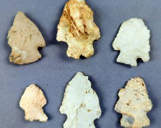 Native American Hand Carved Stone Arrowheads, Sizes From 2.5" - 1.25", Qty 6