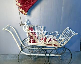 Antique Kinley Turned Wood And Woven Wicker Baby Carriage With Upholstered Removable Pillows, Qty 2 And Umbrella, 60" x 22" x 55"