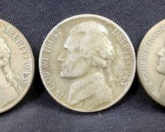 Silver War Time Nickels, Qty 7, Including Dates 1943-1945, Including Mints P, S, D, And More