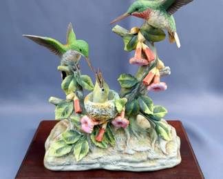 Andrea By Sadek Ruby Throated Hummingbird Family Figurine On Wood Base, 9" X10"