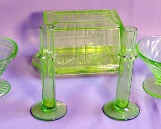 Uranium Glass Covered Butter Dish And Sorbet Cups, Qty 2 And Green Glass Bud Vases, Qty 2