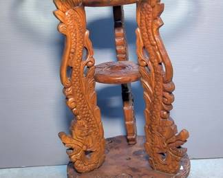 Round Carved Wood Side Table With Glass Top, 29" x 30" Diameter