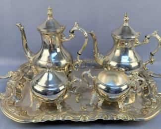 Unmarked Silver Tone Tea Set Includes Tray 24" x 14", Teapots, Creamer And Sugar