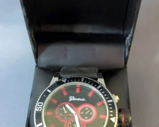 Geneva Men's Watch With Black Bezel, Black/Red Face, Multi Calendar, And Leather Band