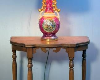Turned Wood Tiered Hall Table, 24" x 12" x 11", And 24" Table Lamp With Cloth Shade