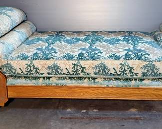 Carved Wood Chaise Lounge Chair With 3 Removable Cushions, Newly Reupholstered, 30" x 69.5" x 36"